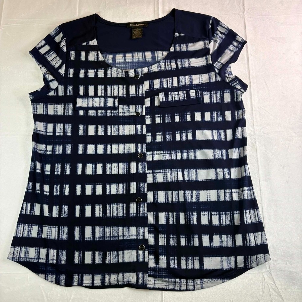 Susan Lawrence Blouse Women Medium M Navy Blue White Plaid Geometric Top Stretch